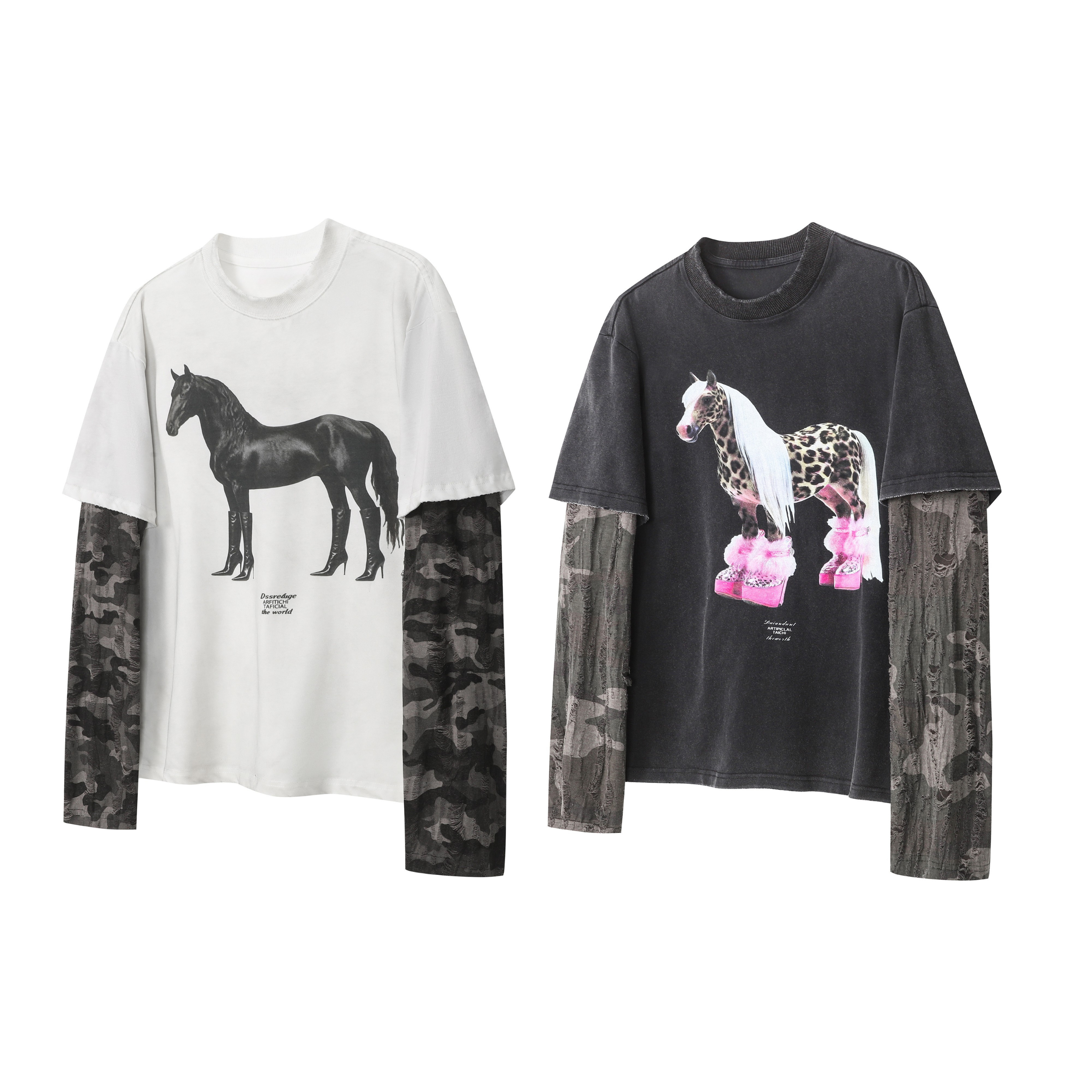 White oversized horse graphic tee with distressed camo mesh long sleeves, featuring a black horse in stiletto boots print