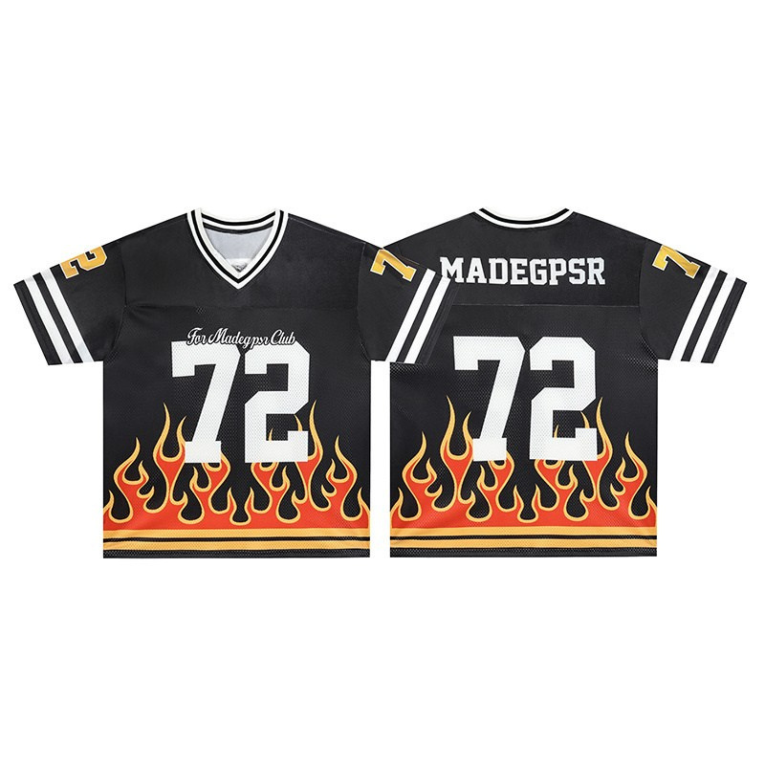Black football jersey with oversized number 72, flame graphic hem, and white contrast stripe sleeves, front and back view