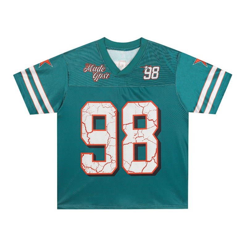Teal crack number football jersey with white and orange stripes, bold 98 graphic, and V-neck streetwear style