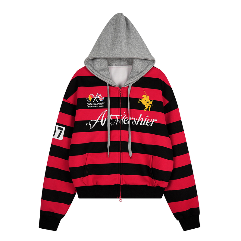 Front view of red and black striped zip-up hoodie with gray hood, logo prints, and chest pocket