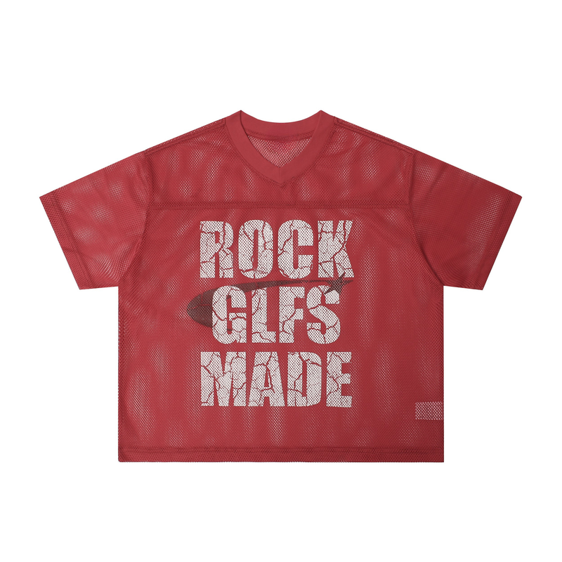 Red oversized mesh football jersey with V-neck and Rock GLFS Made graphic print