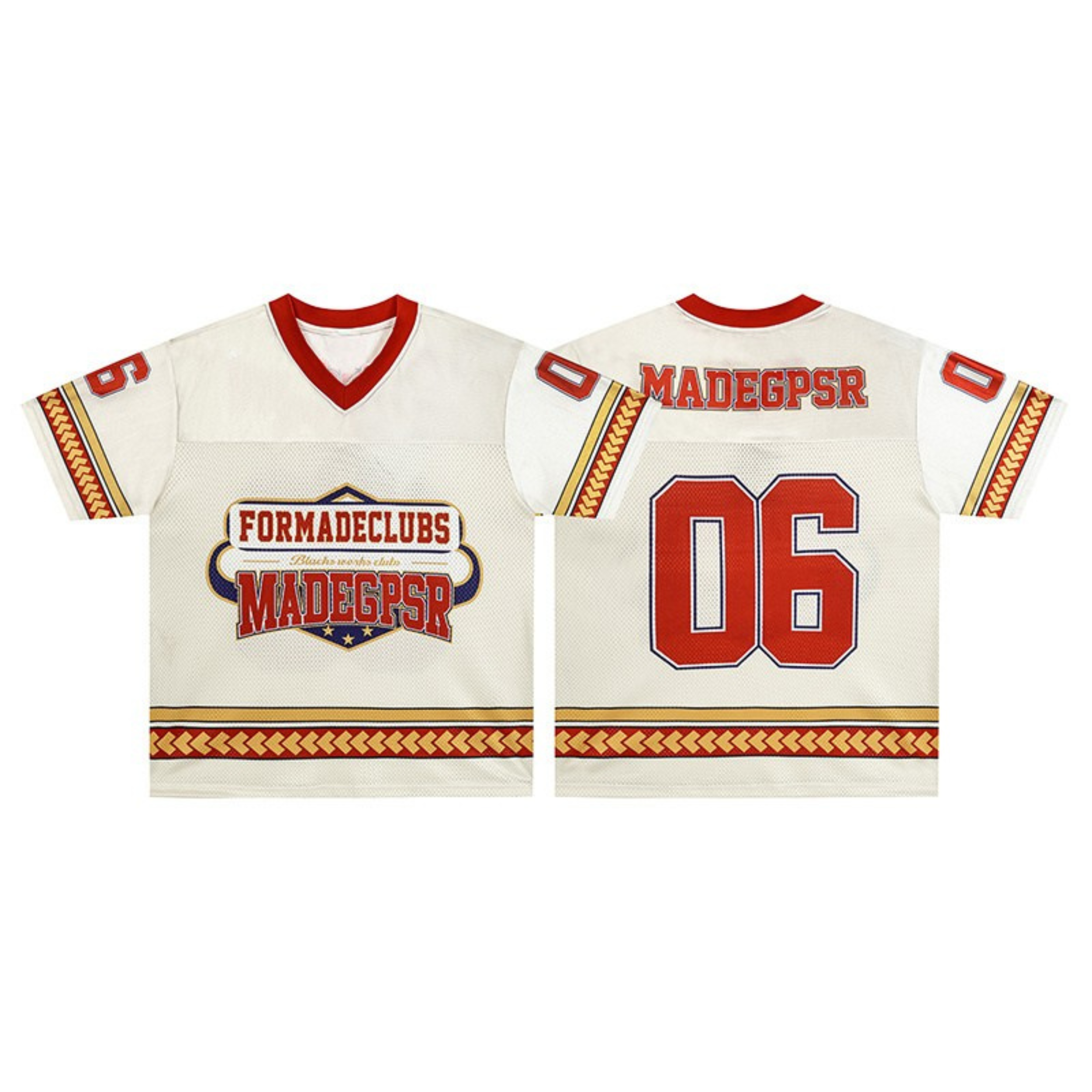Front and back view of cream mesh football jersey with crest graphic, red trim, chevron stripe detailing, and number 06