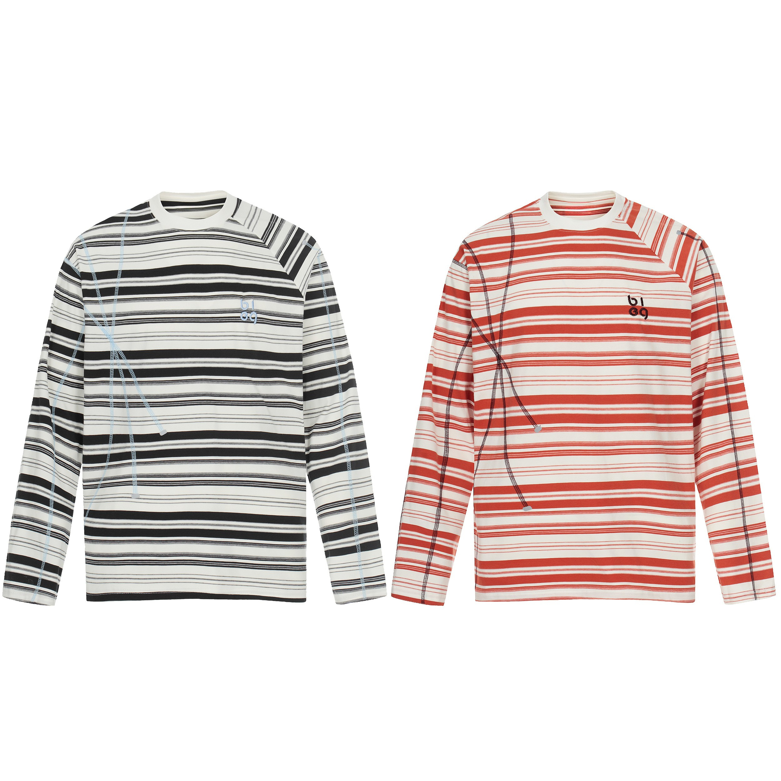 Omirad striped long sleeve crewneck tee in black and white with blue contrast stitching and small chest logo