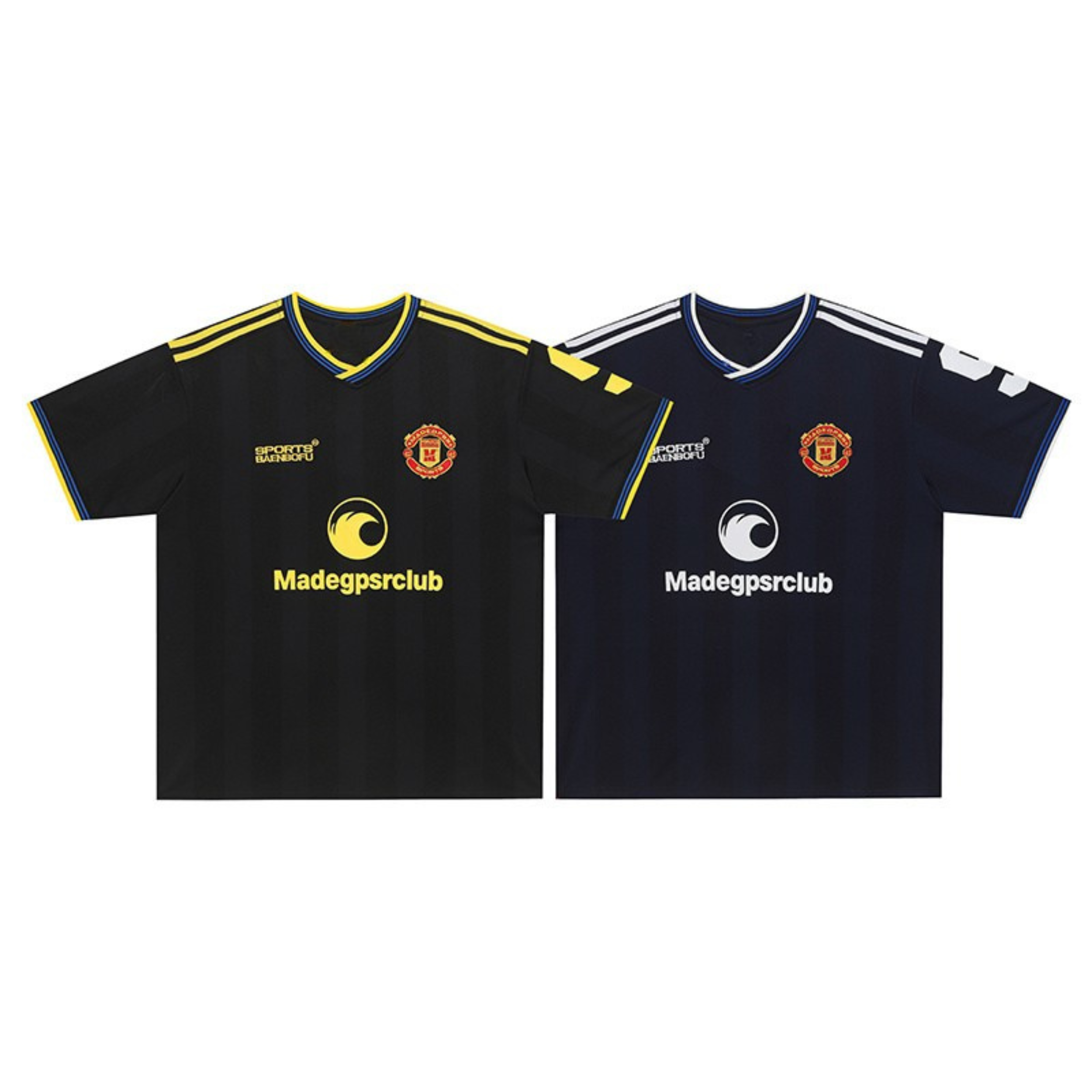 Black and yellow club logo soccer jersey with V-neck, contrast shoulder stripes, and Madegpsrclub chest print