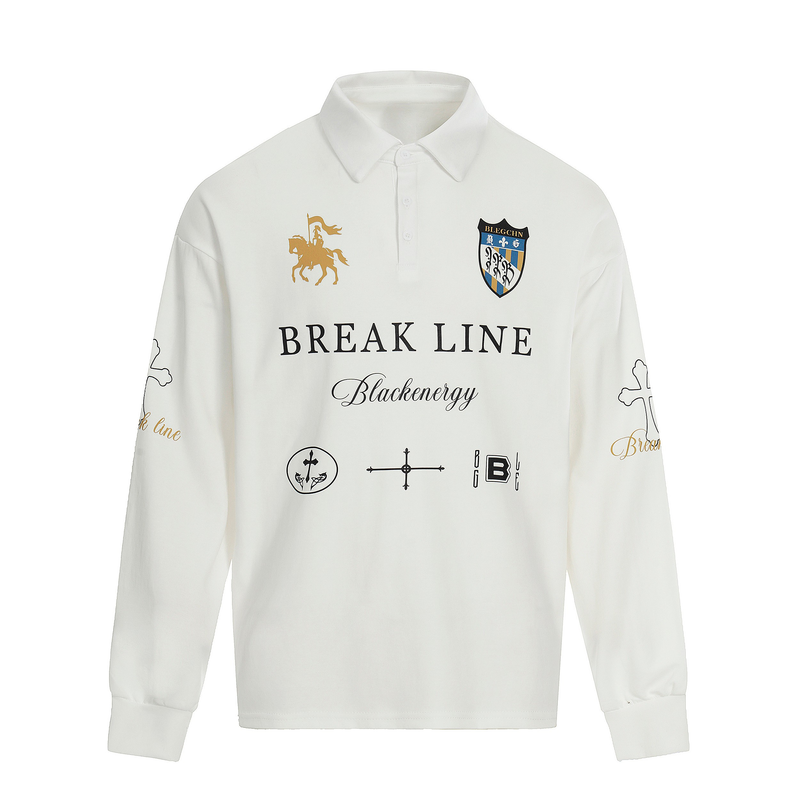 White long-sleeve polo shirt with graphic prints and button placket, front view