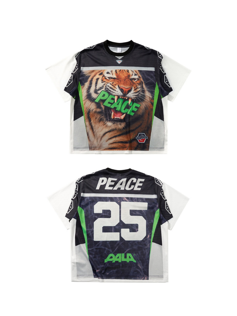 Black mesh jersey tee with tiger graphic, neon green PEACE lettering, and number 25 on the back