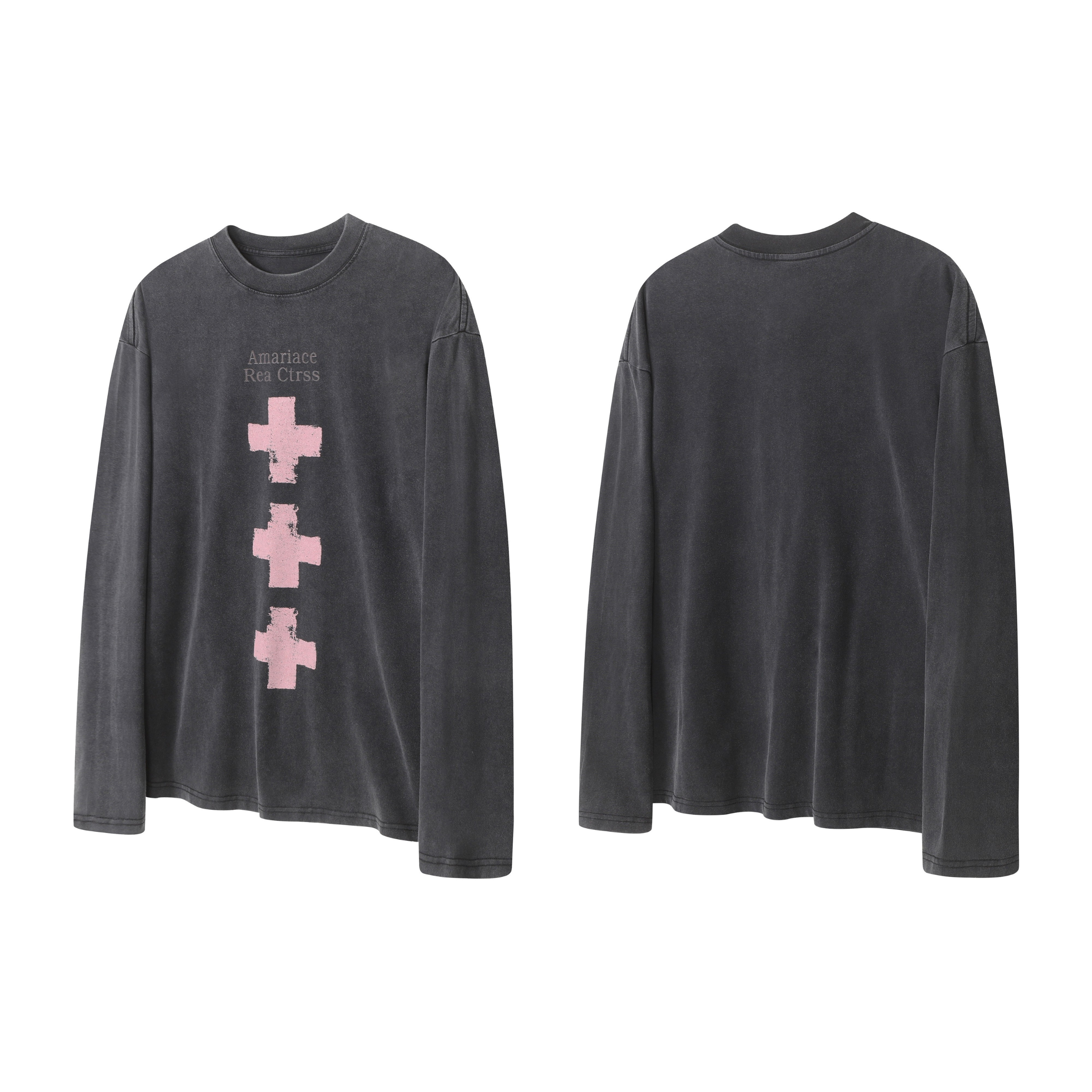 Front and back view of a charcoal grey vintage-wash oversized long sleeve tee with three pink cross graphics on the front