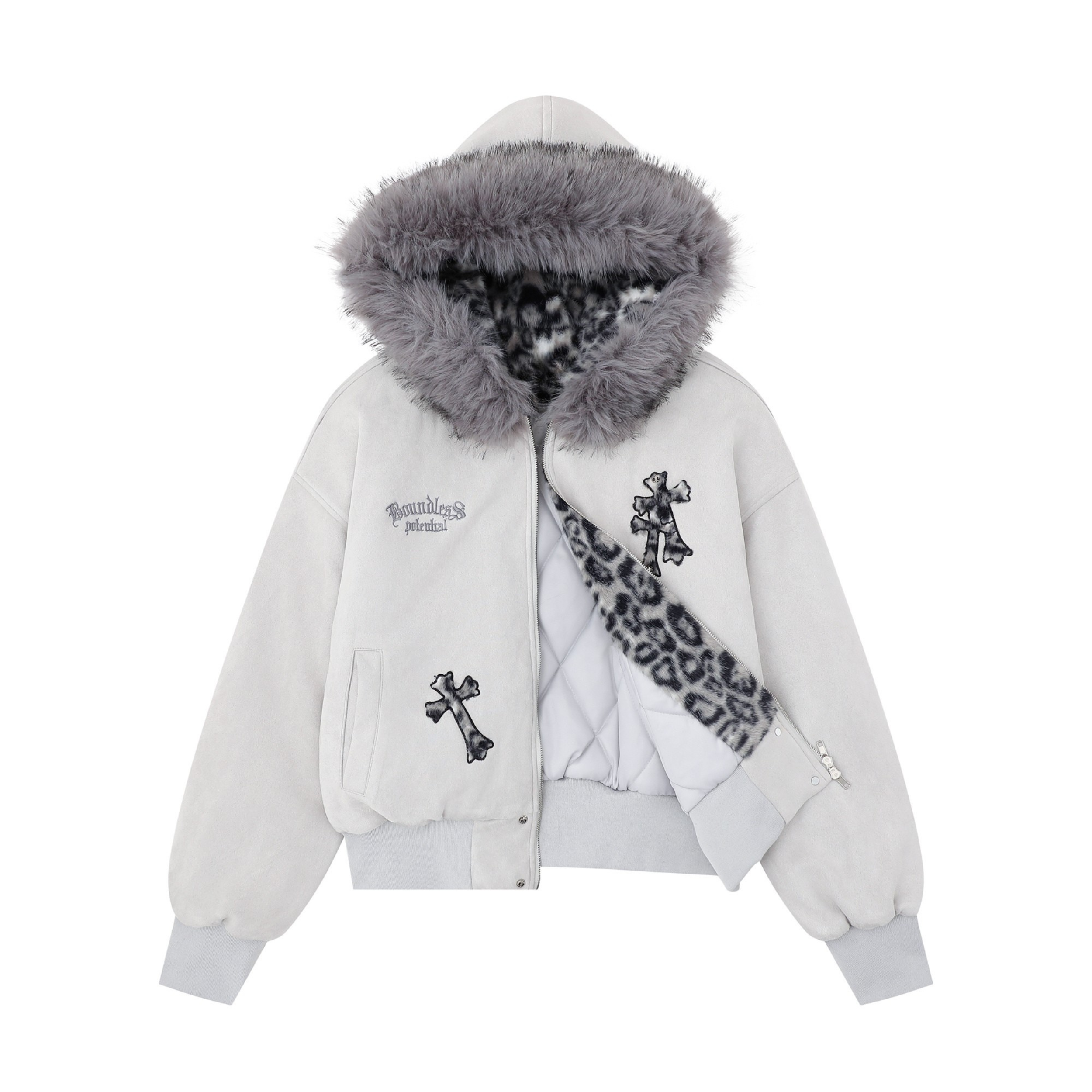 Cross Patch Faux Fur Hood Bomber Jacket | Streetwear