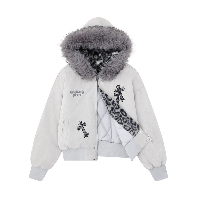 Cross Patch Faux Fur Hood Bomber Jacket | Streetwear