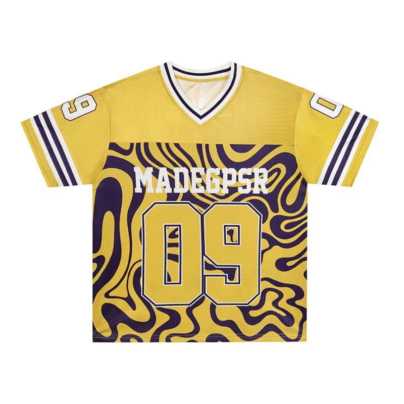 Yellow and purple psychedelic football jersey with varsity stripes, number 09, and MADEPSR graphic on front