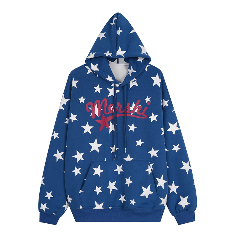 Blue hoodie with white all-over star print and pink Marschi logo, front view