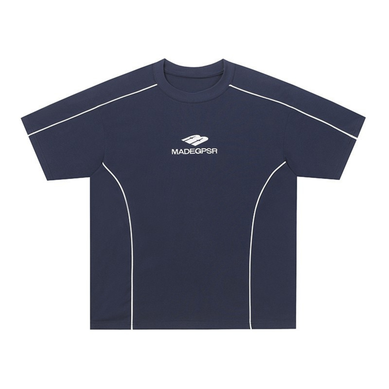 Navy athletic streetwear T-shirt with white piping and centered MADEGPSR logo