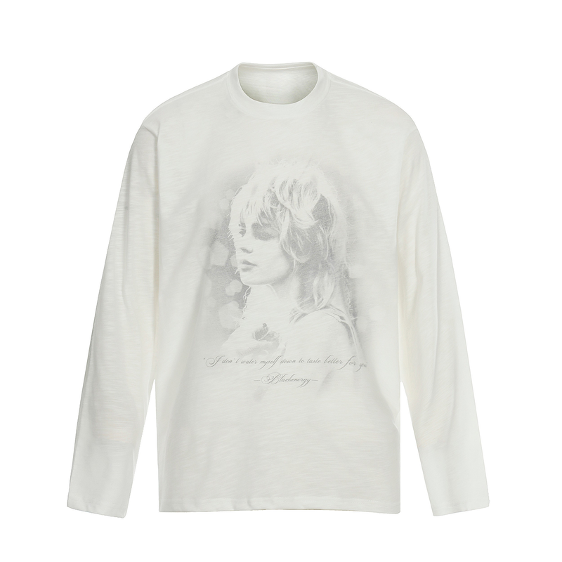 Off-white long sleeve tee with faded vintage portrait graphic on the front