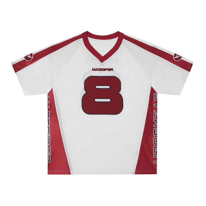 White and red performance jersey with a large number 8, V-neck trim, and streetwear sports styling