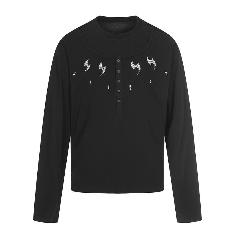Black long sleeve henley tee with white chest graphics, front view