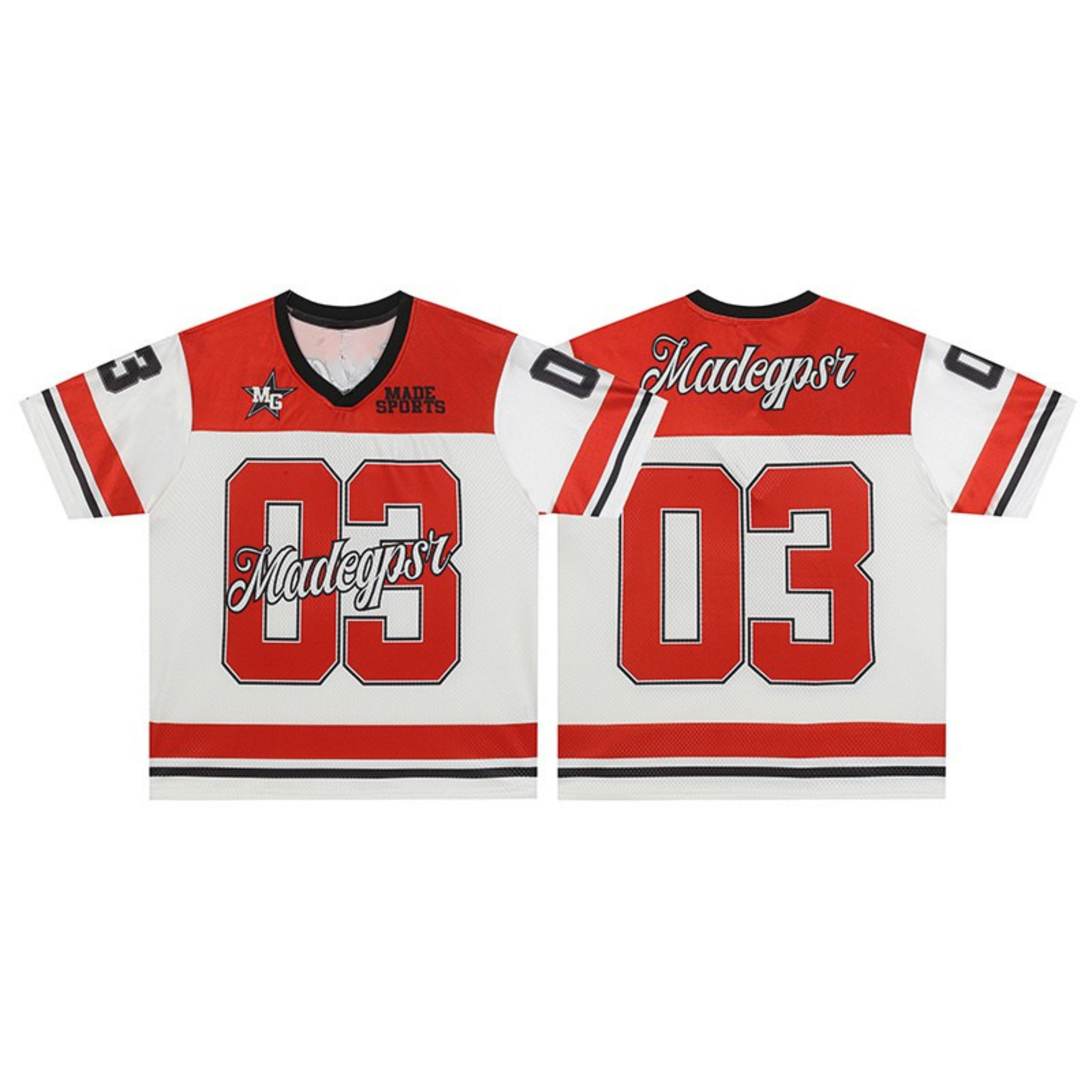 Red and white varsity football jersey with oversized number 03 print and contrast shoulder paneling, front and back view