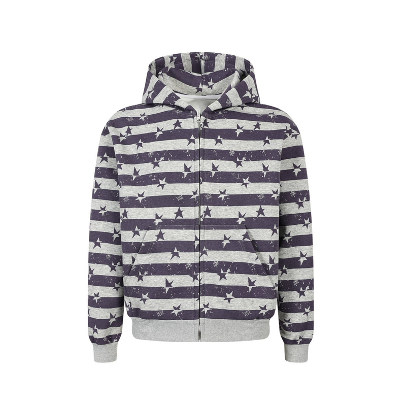 Front view of a zip-up hoodie with purple and gray striped star print and front kangaroo pockets