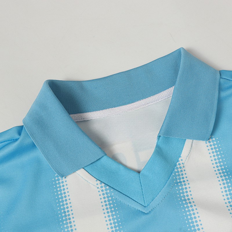 Light blue and white striped football jersey with a collared V-neck and dotted side accents on a clean background
