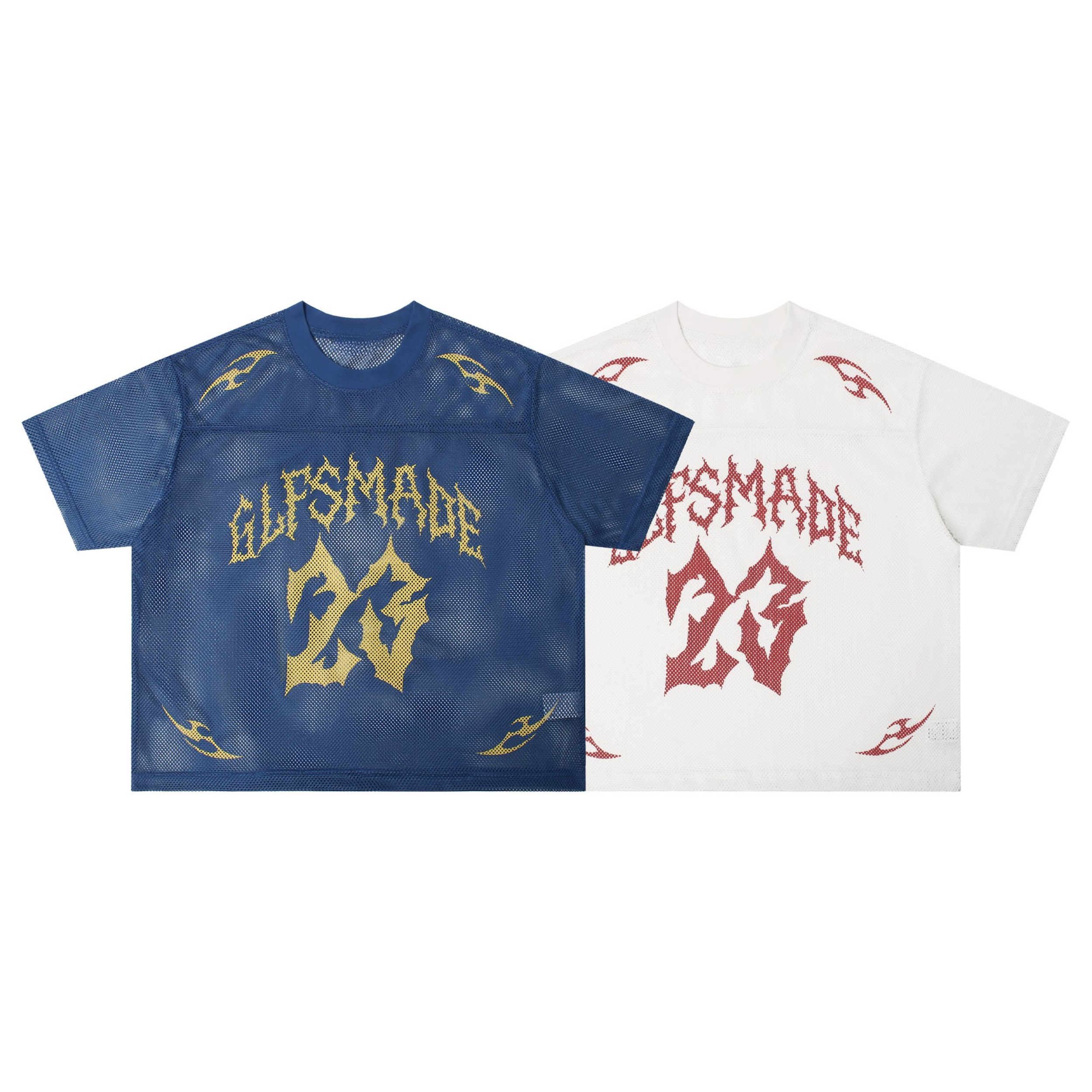 Navy blue oversized mesh jersey with gold flame sigil graphic and arched GLFSMADE lettering on chest