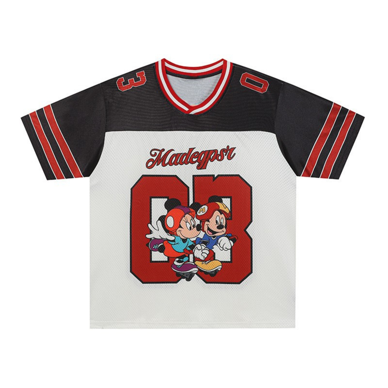 Mickey and Minnie graphic football jersey in black, white, and red with number 03 and streetwear style print