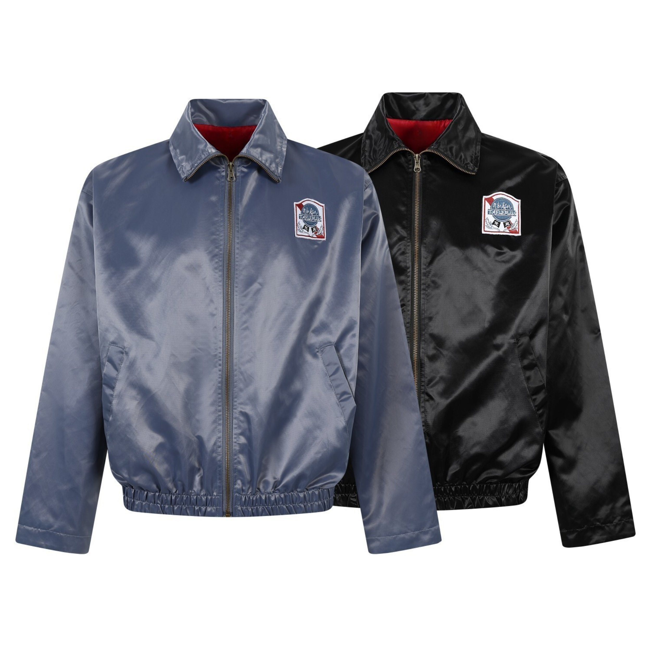 Omirad nylon coach jacket shown in steel blue and black colourways with woven chest patch and zip-front closure