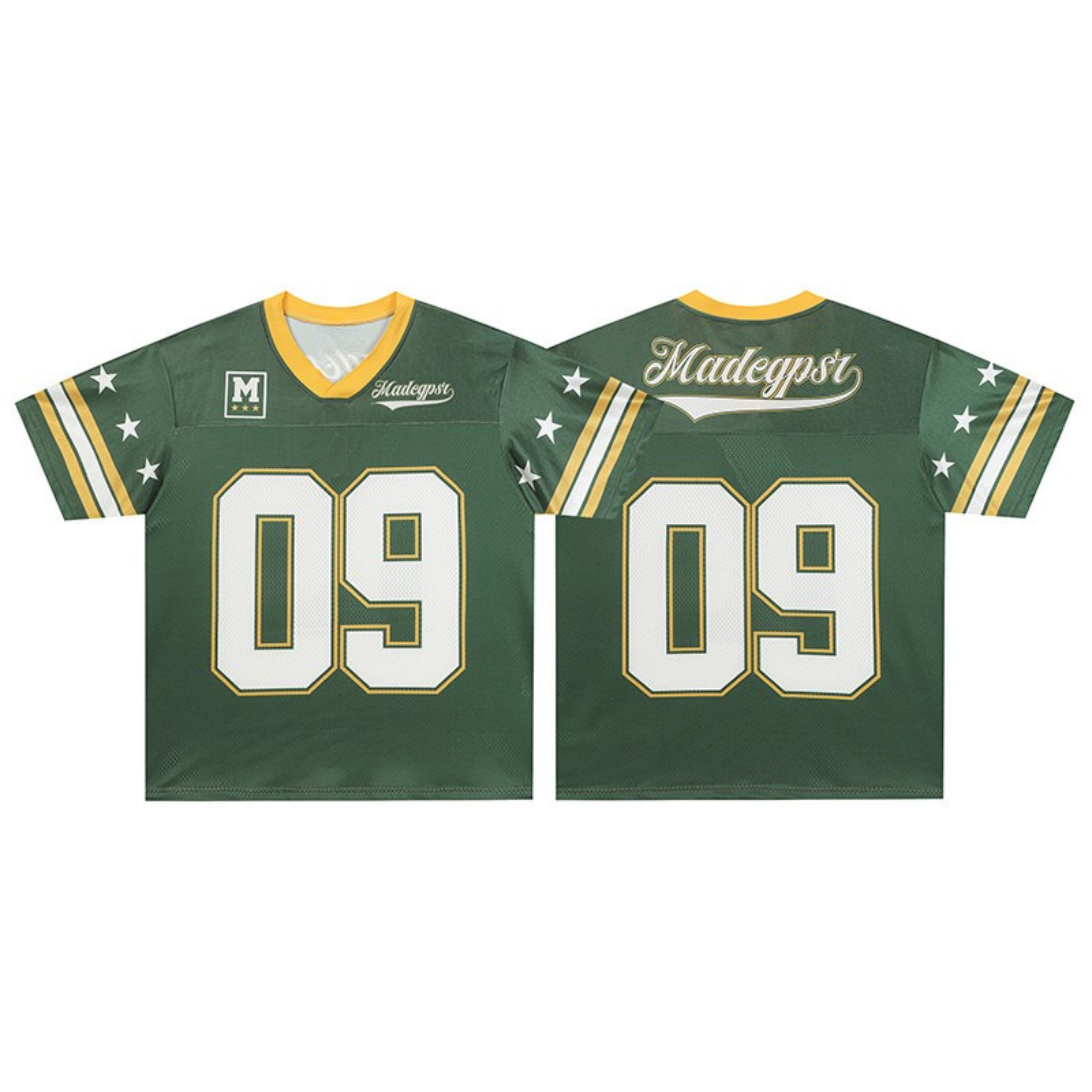 Front and back view of a green varsity football jersey with number 09, gold collar, star sleeve accents and script branding