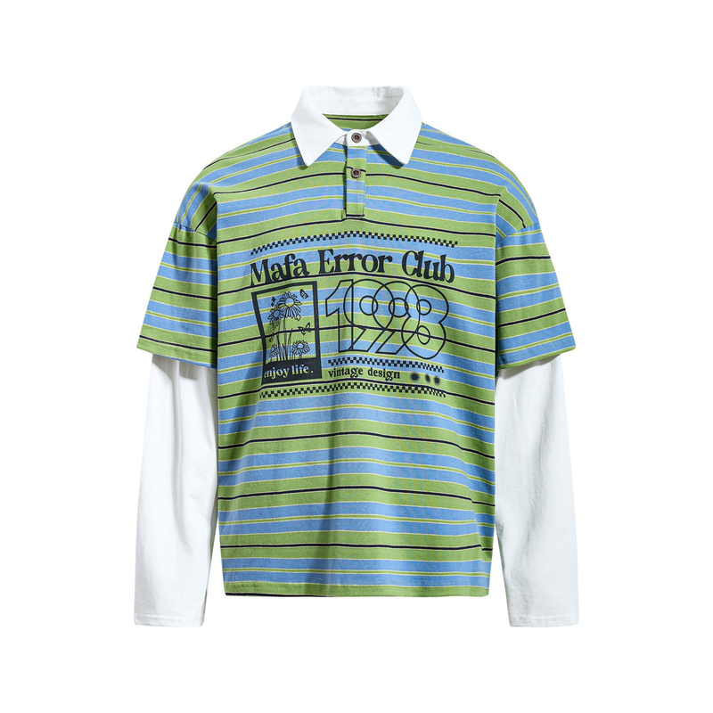 Front view of green and blue striped polo shirt with white collar and black graphic print