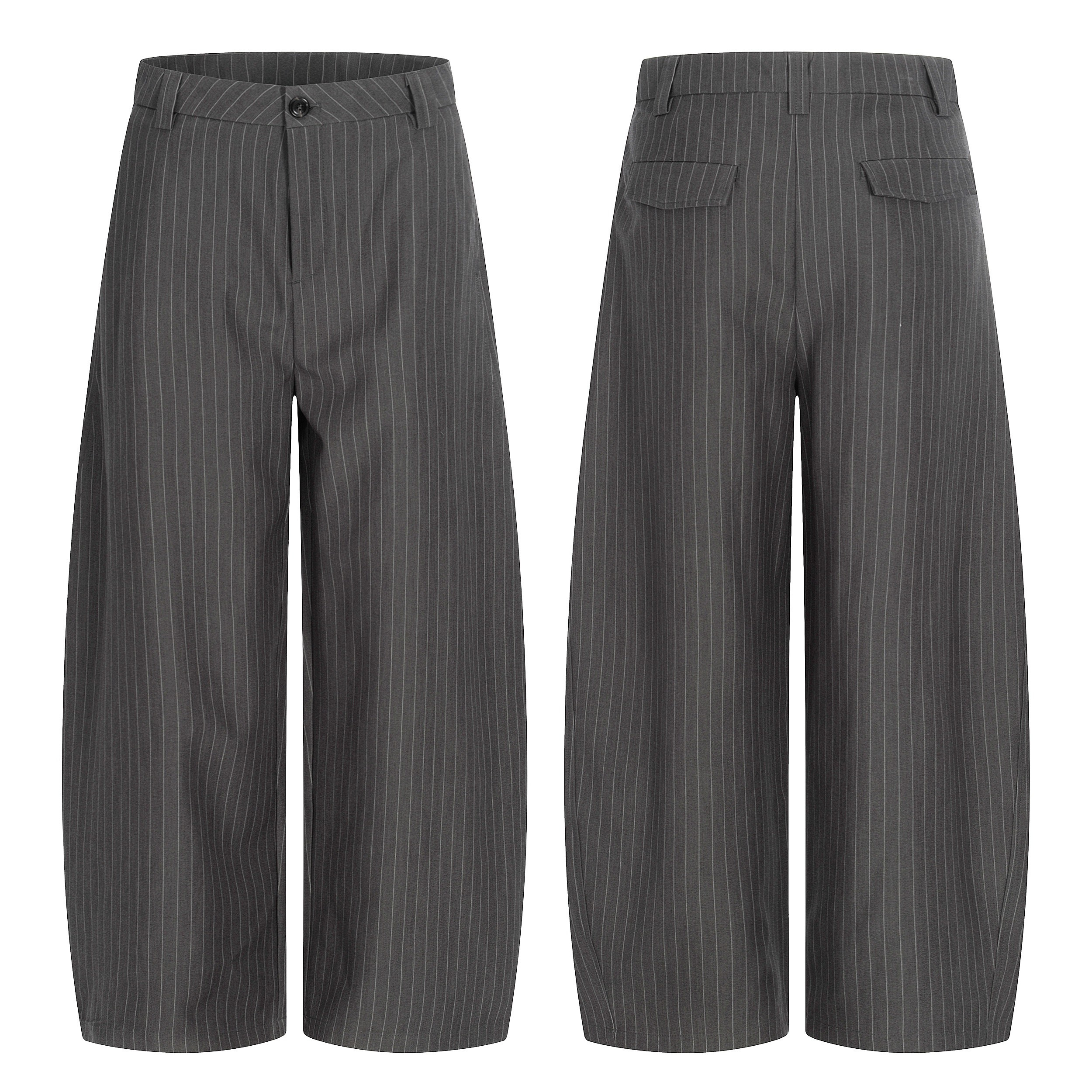 Grey pinstripe wide-leg trousers shown from front and back, featuring a structured waistband and button closure