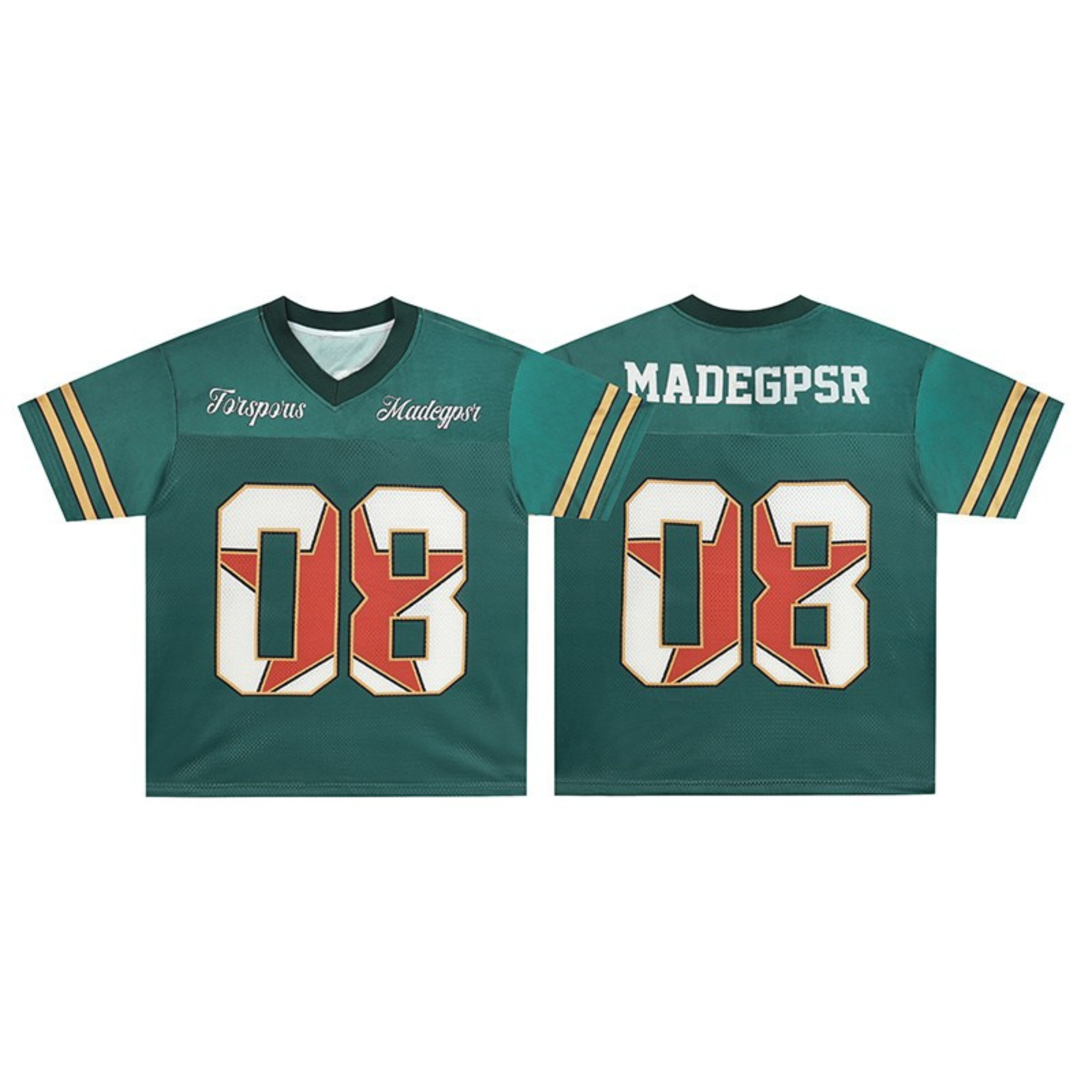 Teal vintage football jersey with number 08 in white and rust orange, gold stripe sleeves, front and back view