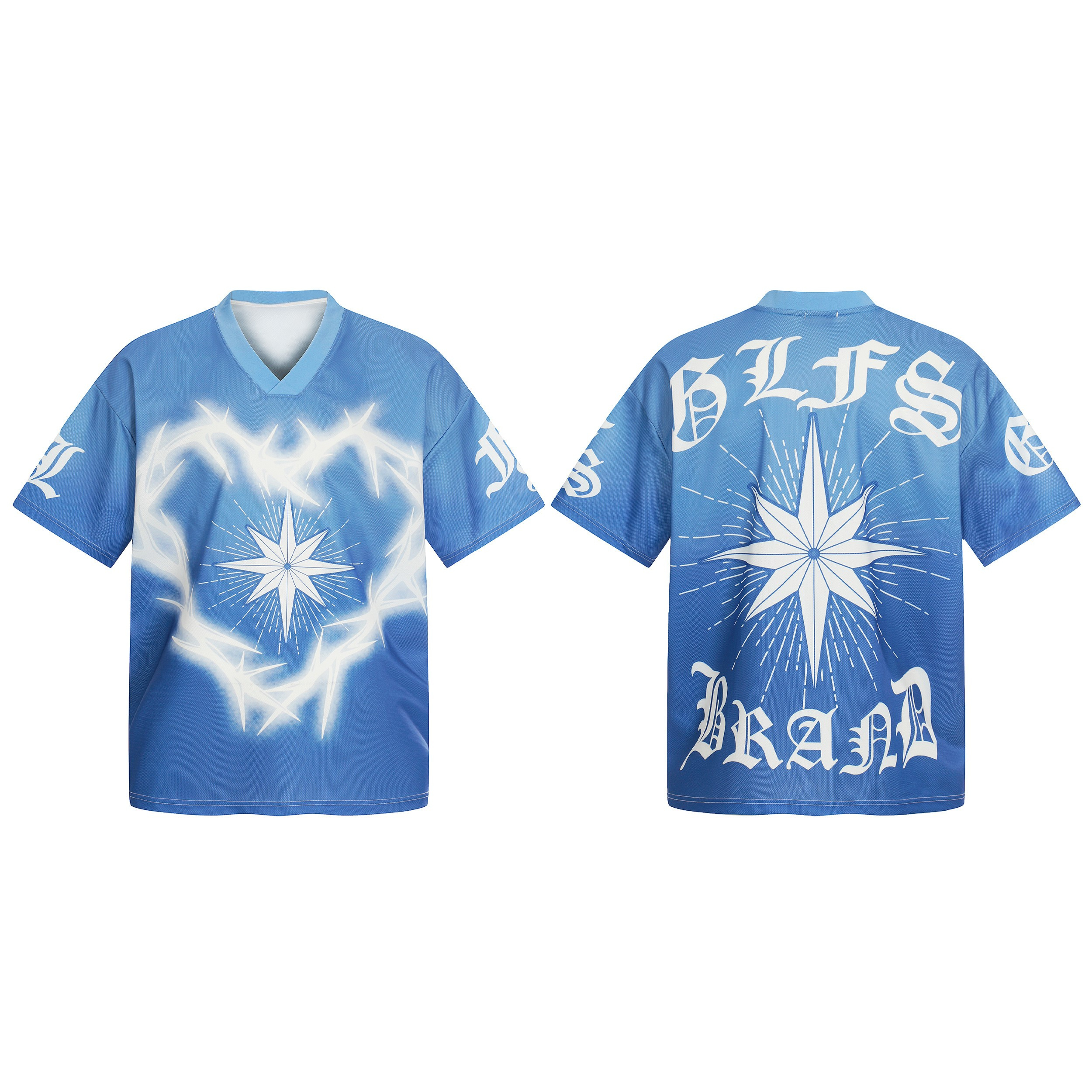 Blue oversized mesh jersey with glowing eight-point star and lightning heart graphic on the front, shown front and back