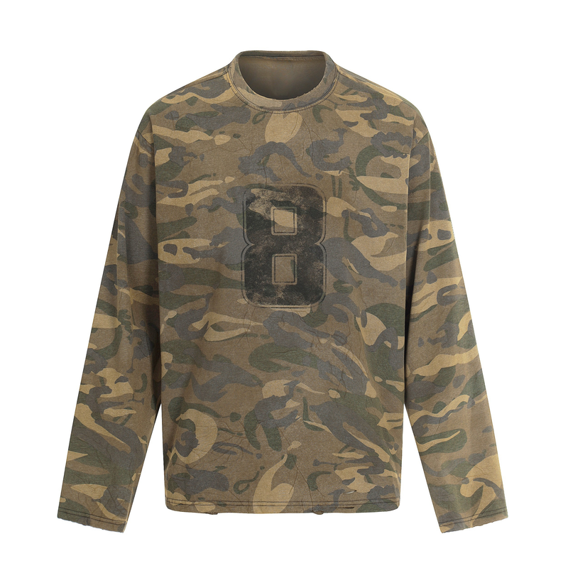 Front of faded camo long sleeve tee with large distressed number 8 graphic
