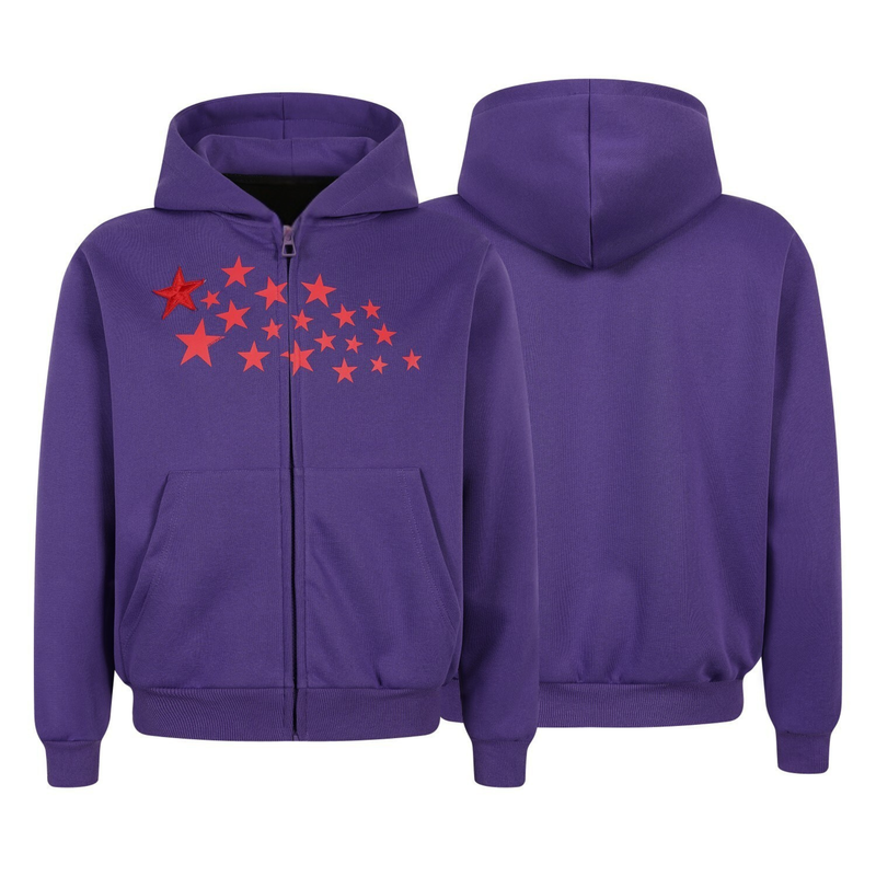 Front and back views of a purple zip-up hoodie with red star cluster graphic