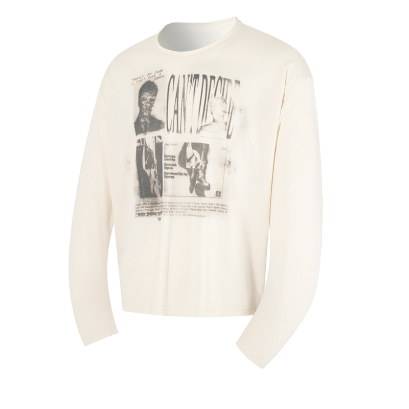 Cream long sleeve tee front angled view showing distressed black graphic print