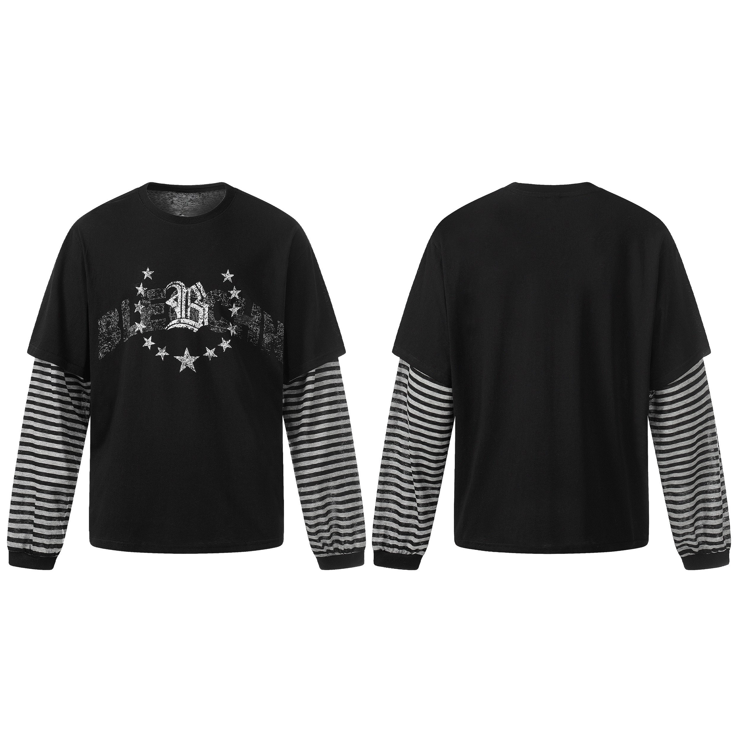 Black men's layered long sleeve tee with distressed star graphic on front and contrast grey striped sleeves, shown front and