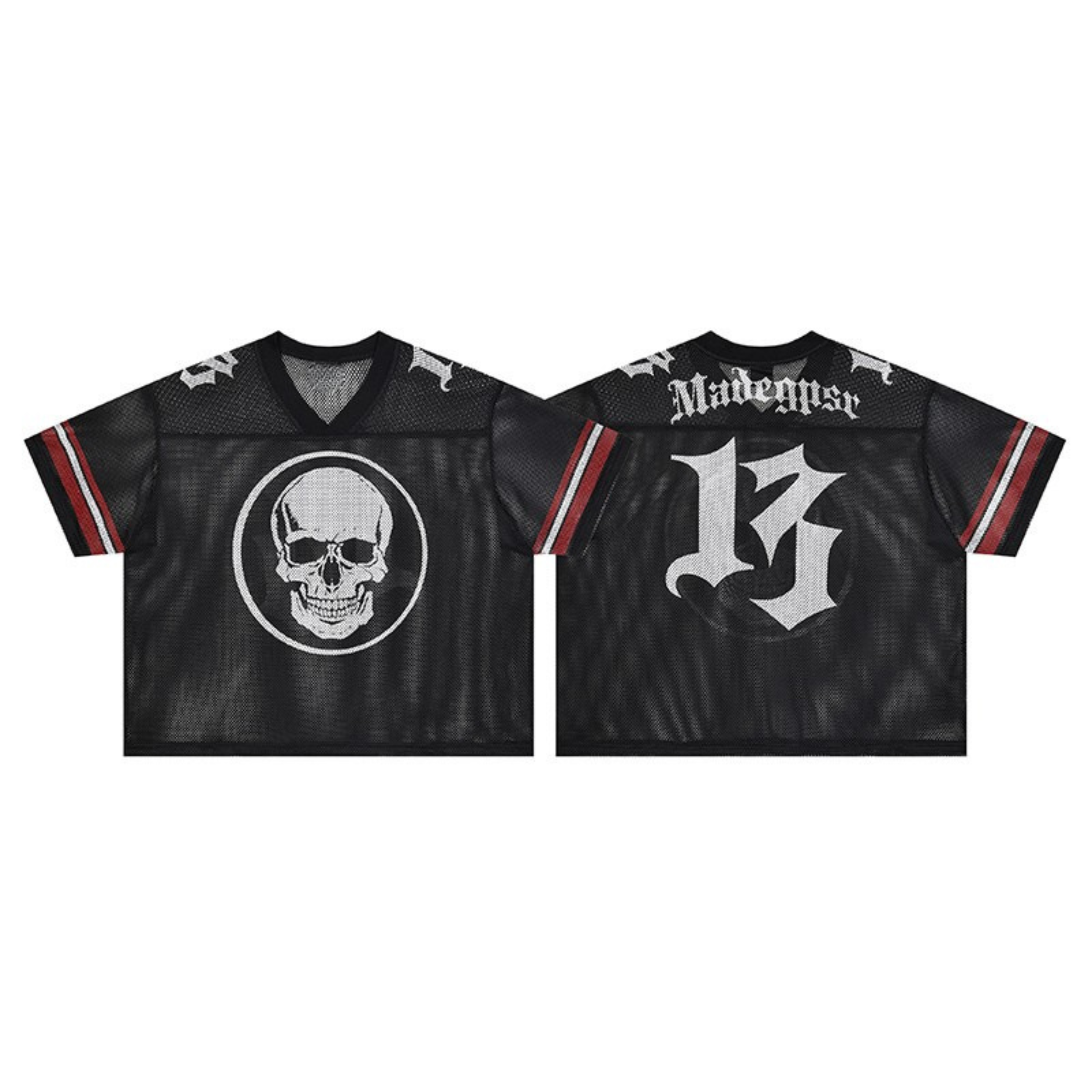 Black semi-sheer mesh football jersey with white circular skull emblem graphic on front and red contrast stripe sleeves