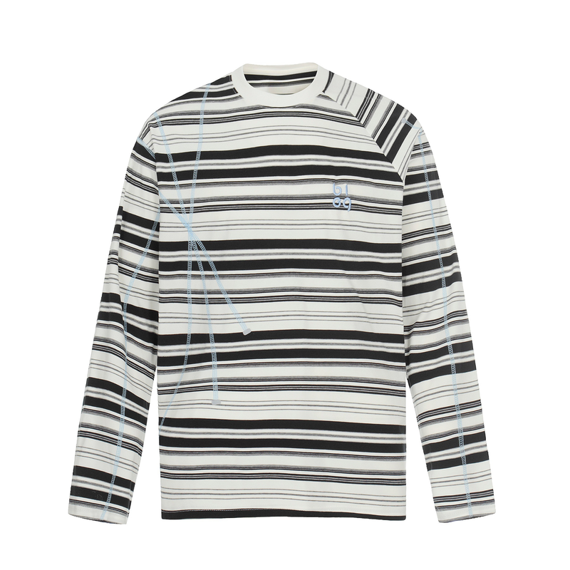 Black and white striped crewneck long sleeve tee with light blue seam details, front view