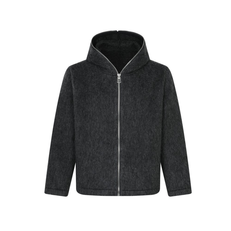 Front view of a dark charcoal wool-blend hooded jacket with full-length zipper