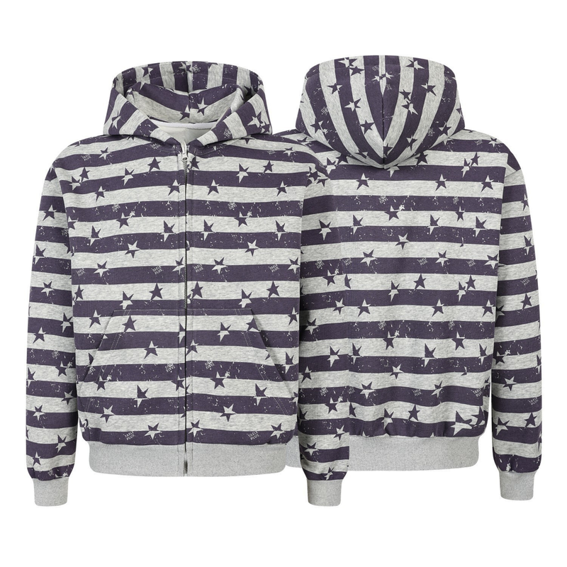 Front and back views of a purple and gray striped star print zip-up hoodie