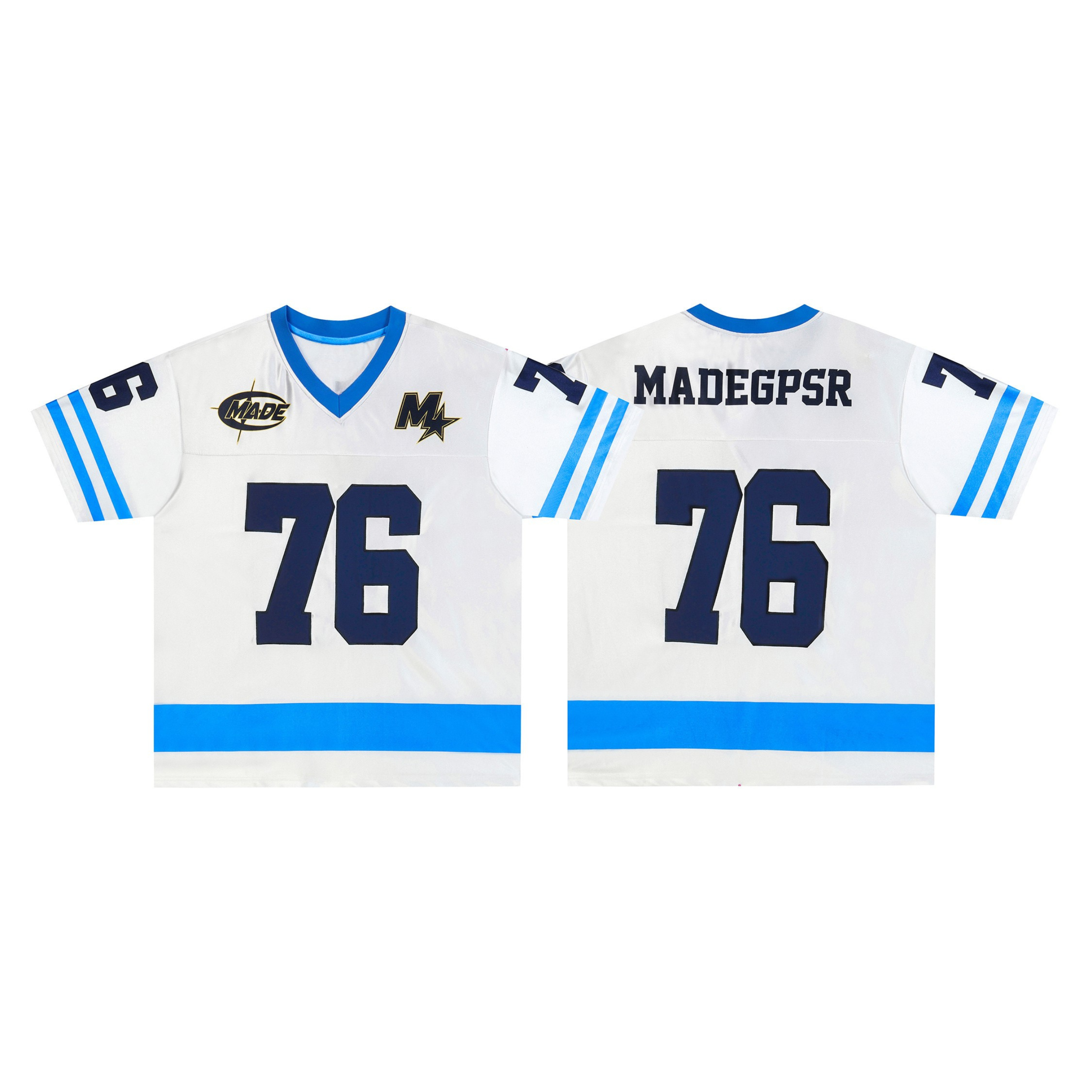 Front and back view of white MADEGPSR #76 football jersey with blue stripe detailing and navy number graphics