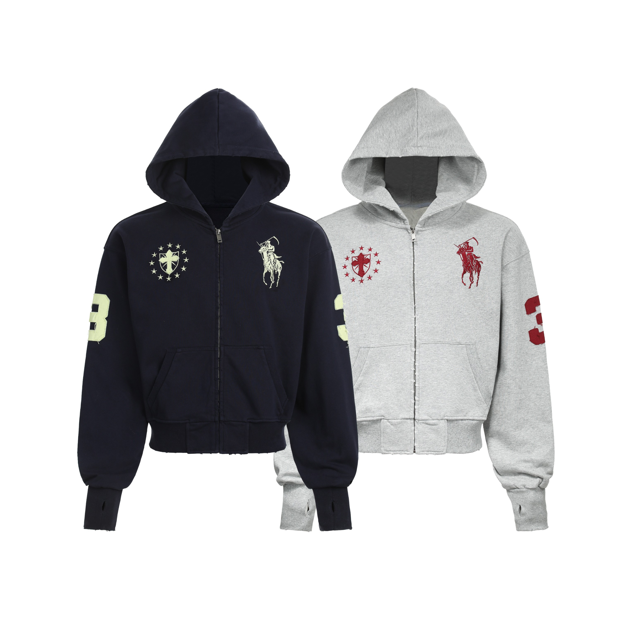 Navy and grey Omirad Heritage Crest zip hoodies with embroidered knight graphic and star crest on white background