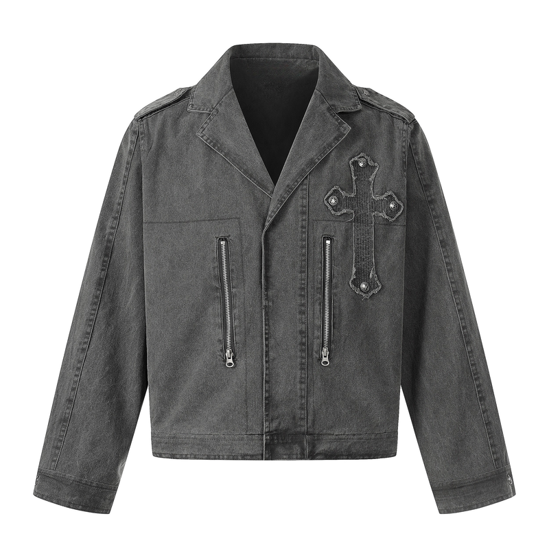Omirad Vintage Cross Patch Denim Jacket | Washed Cotton