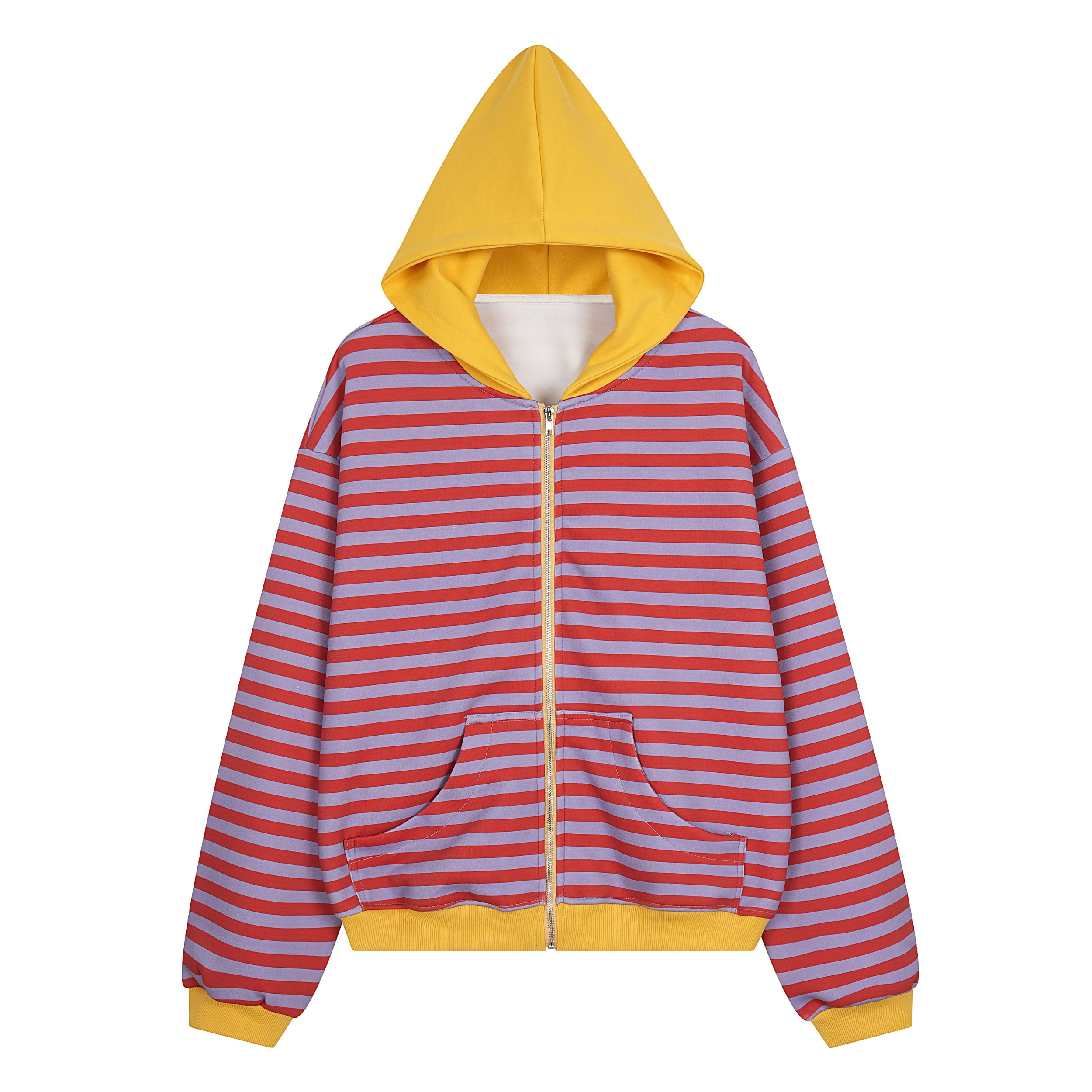 Front view of red and lavender striped zip-up hoodie with yellow contrast hood, ribbed cuffs and hem