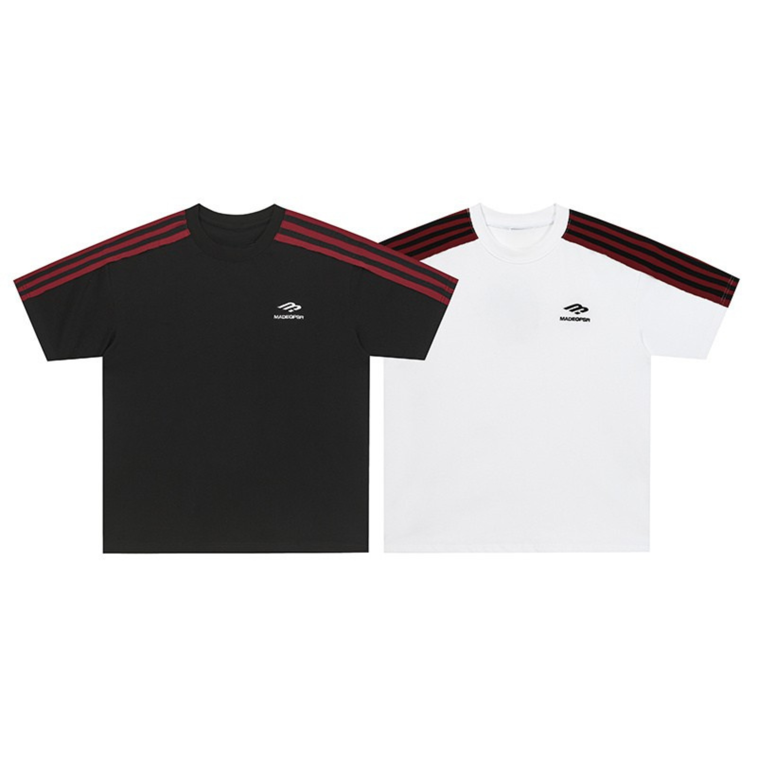 Black oversized cotton t-shirt with burgundy red triple shoulder stripes and small chest logo, shown alongside white version