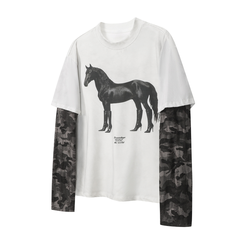 White T-shirt with black horse graphic and camo mesh long sleeves, front view