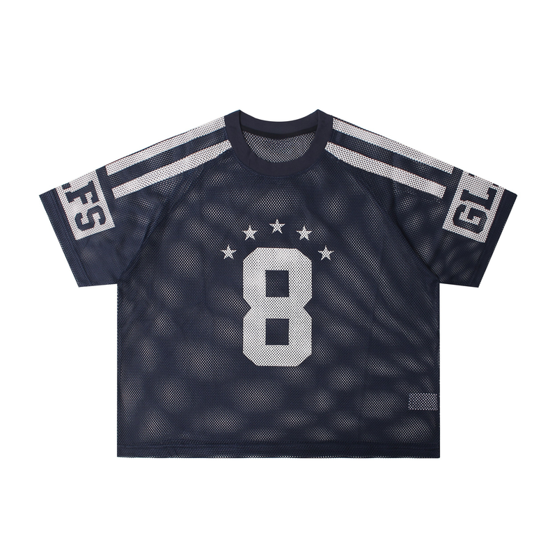 Navy mesh varsity jersey with oversized fit, number 8 graphic, star accents, and striped shoulders