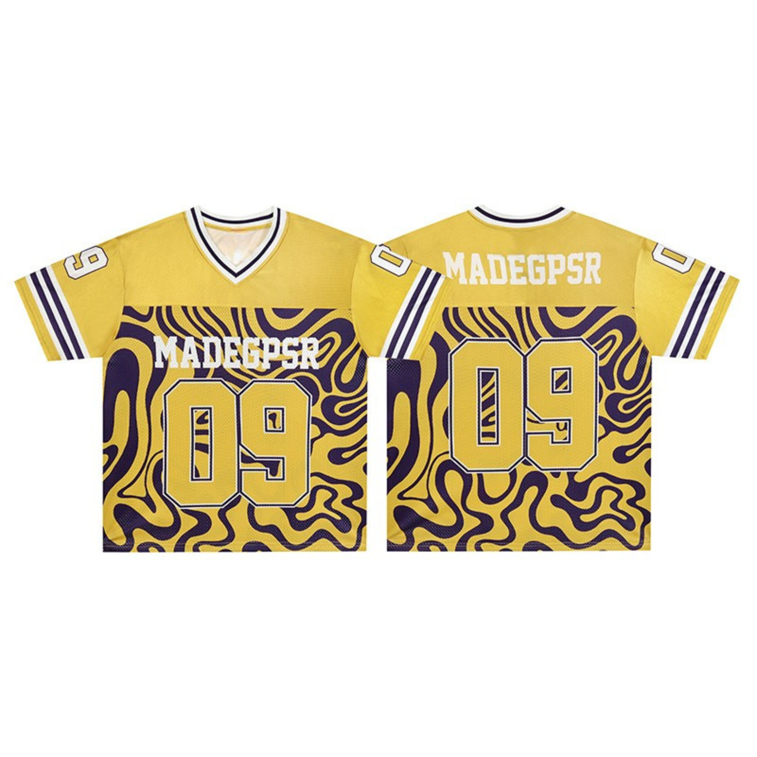 Front and back view of a yellow and purple psychedelic swirl football jersey with varsity number 09 and contrast stripe sleev