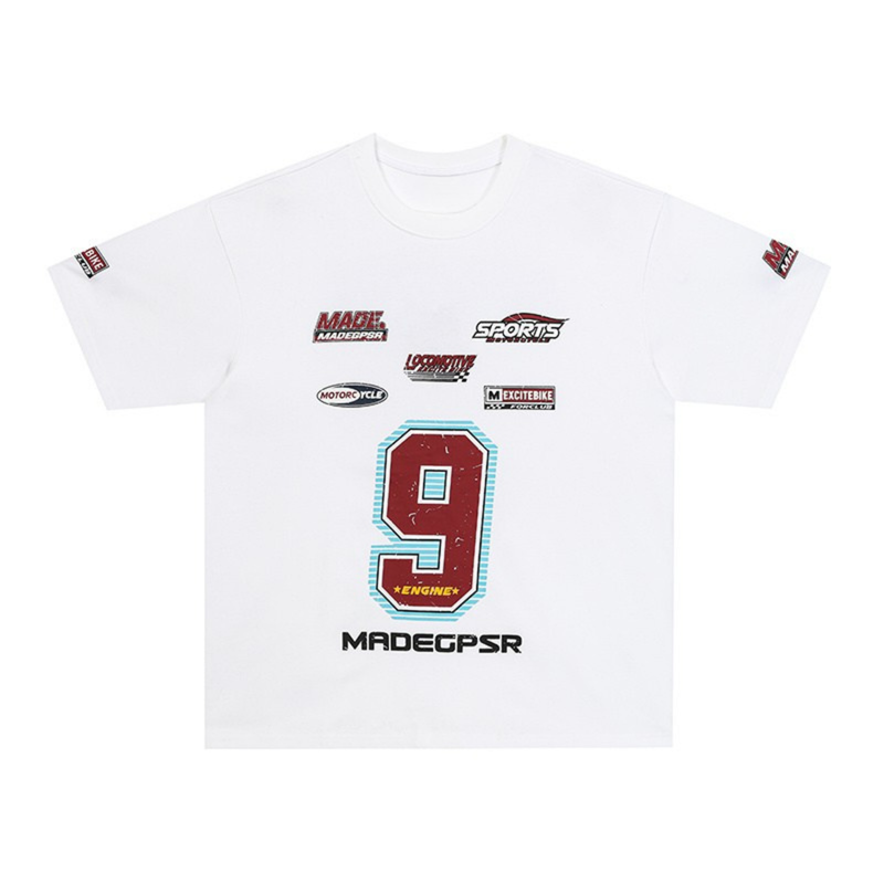 White graphic cotton T-shirt with large red number 9 and racing-style logo prints on the chest and sleeves