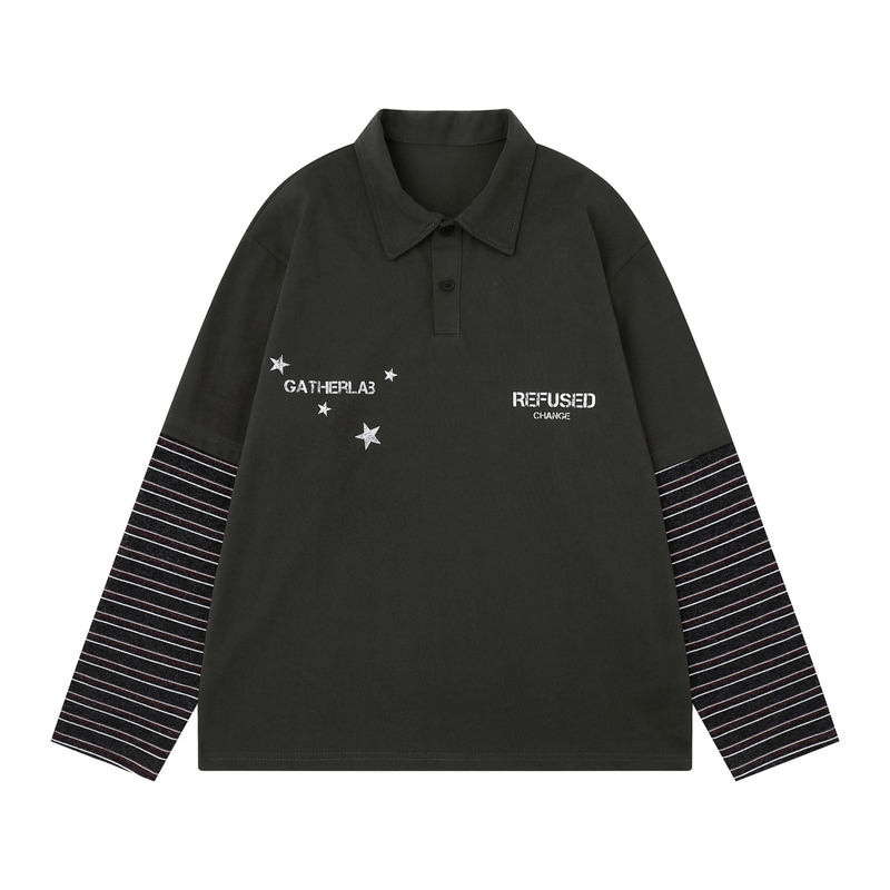 Black long sleeve polo with star graphics and white text on the front, striped sleeves