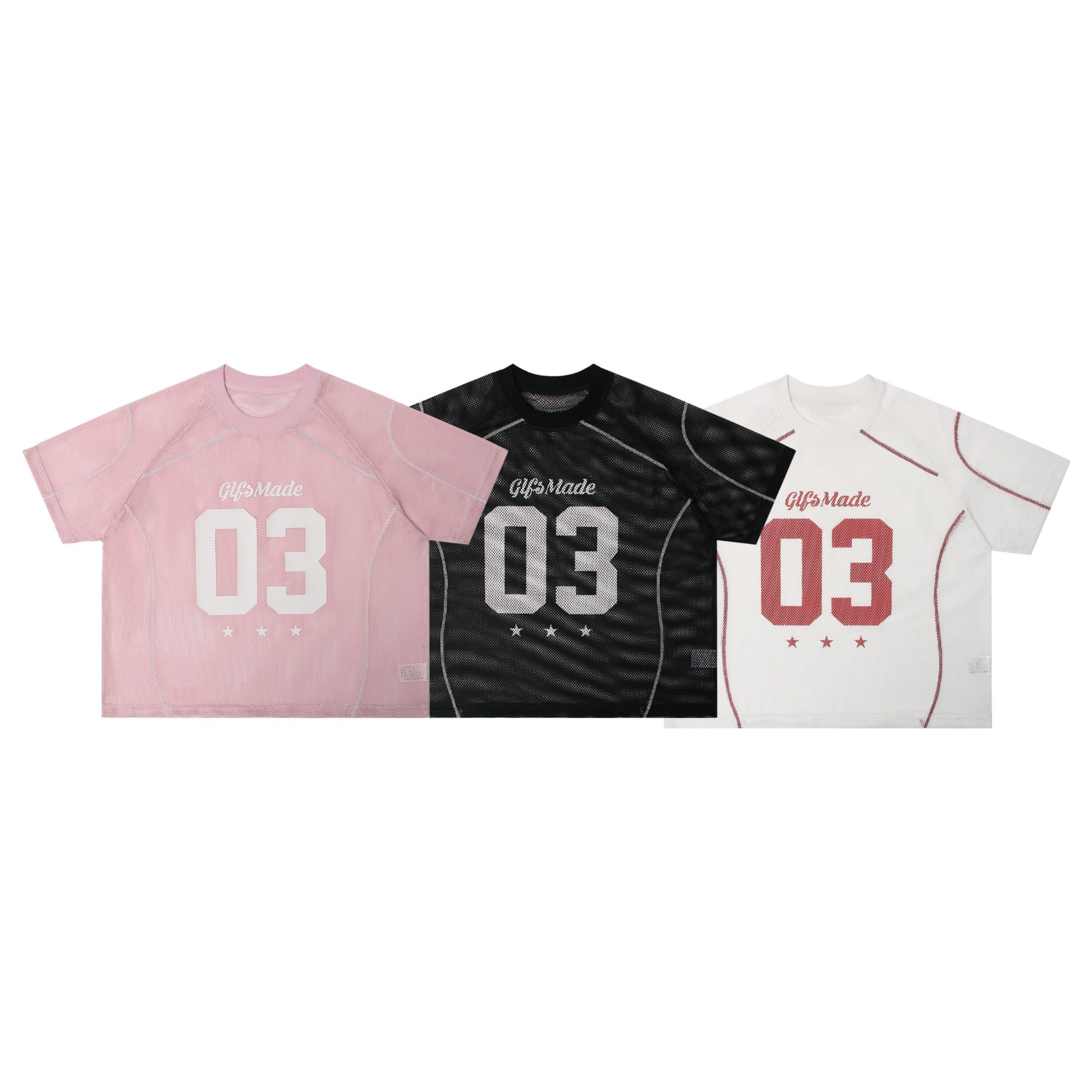 Pink GlfsMade 03 mesh jersey tee with bold white number graphic, star accents, and curved athletic panel seams