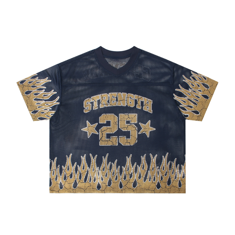 Black mesh football jersey with gold flame graphics, Strength 25 print, and streetwear-inspired details